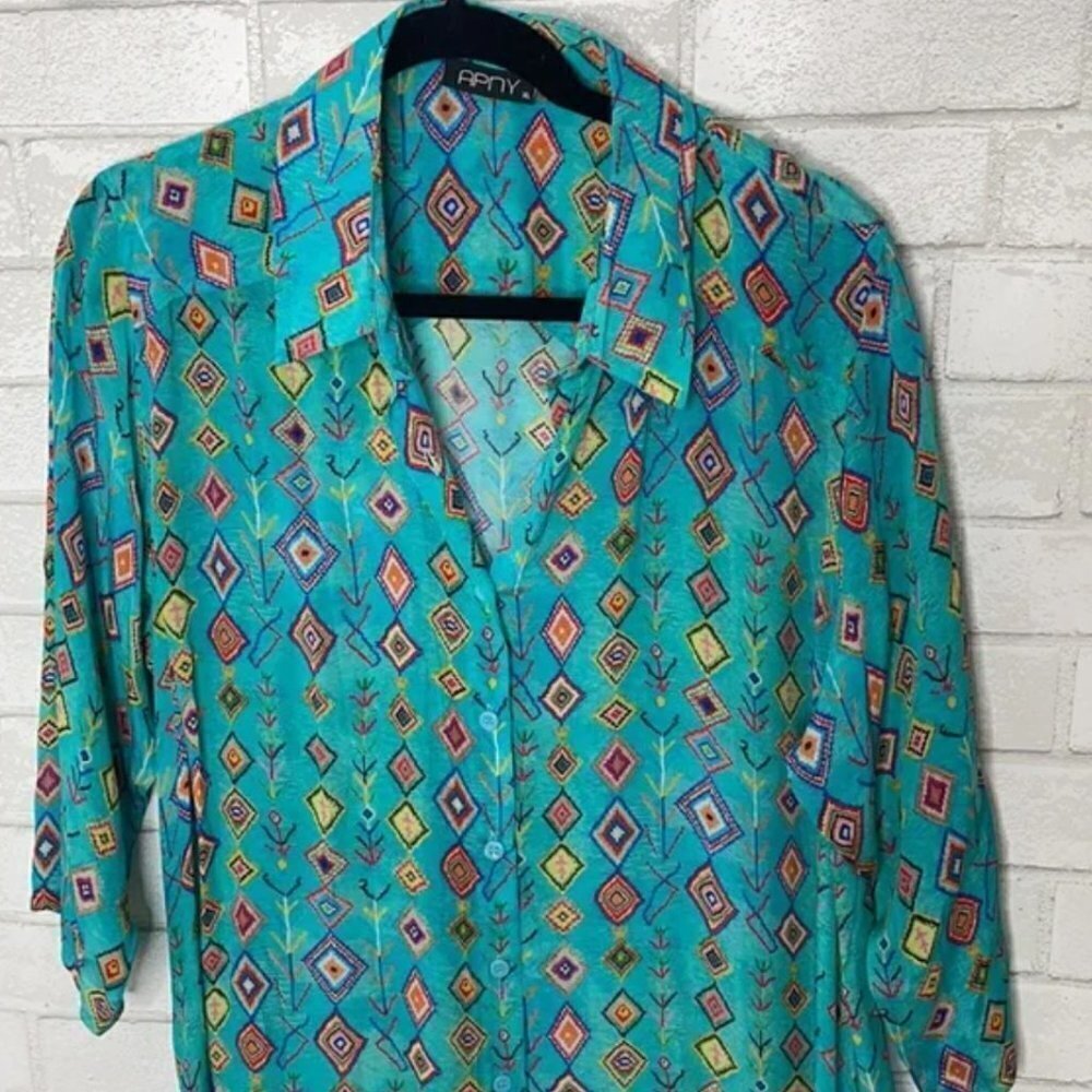 APNY Teal Patterned Long Sleeve Dress - Picture 2 of 9